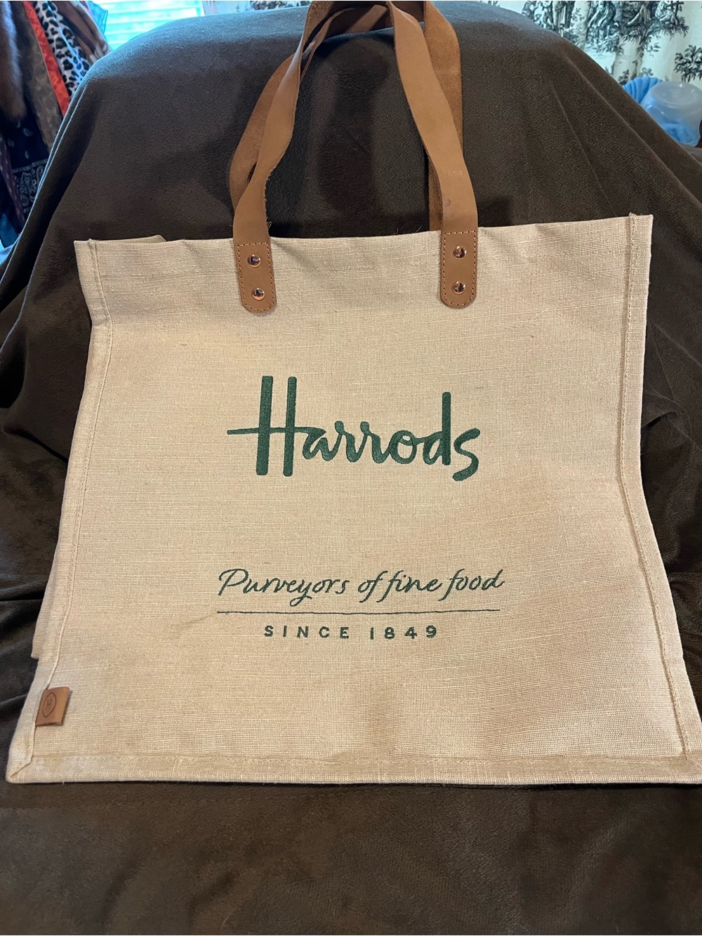 Harrods Jute Embroidered Tall Tote w/ Leather Handles